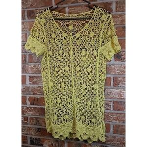 Vtg Women's Top Hand Knitted Crochet Bamboo Pulp Green Short Sleeve Size S